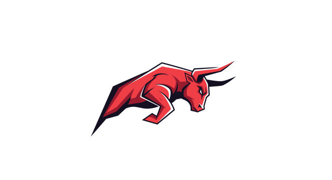 Red bull charging and jumping forward in aggressive sport pose, designed as mascot logo for esports team or club.