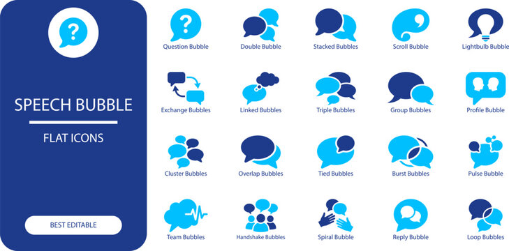 Speech bubble flat icons collection featuring diverse chat bubbles for communication questions ideas and dialogue such as question stack double linked and group bubbles.