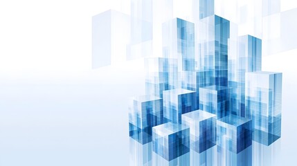 Fototapeta premium Abstract vertical glass blocks symbolizing scalable digital systems, AI architecture and data growth. Futuristic blue technology background with white background shapes, minimal design 