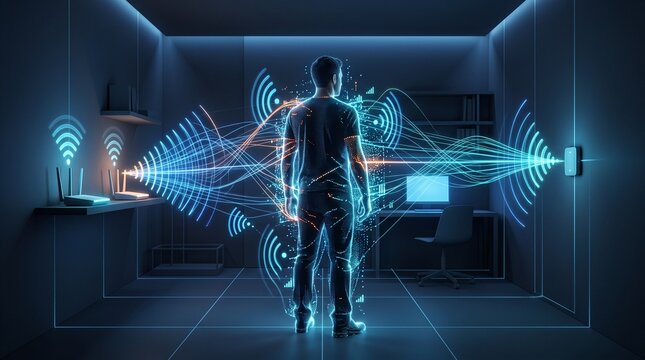 Man interacting with digital Wi-Fi signals in futuristic tech lab. Human silhouette controlling wireless data streams with hand gestures in smart e...