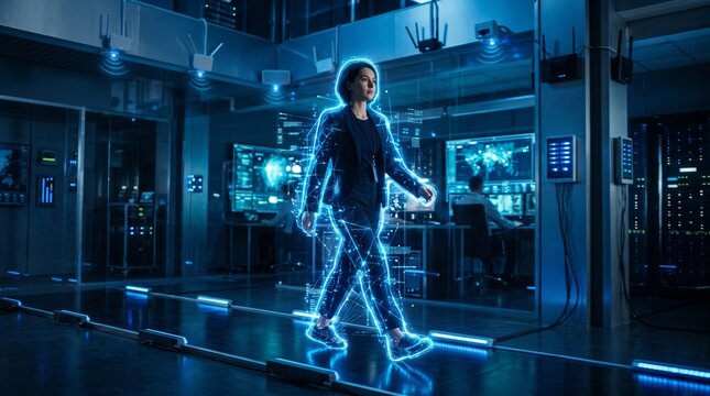 Business professional analyzing digital data hologram. Futuristic executive interacting with wireless network signals in high-tech office.