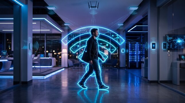 Business professional walking with digital Wi-Fi signals. Futuristic tech connectivity concept for corporate innovation and smart offices.