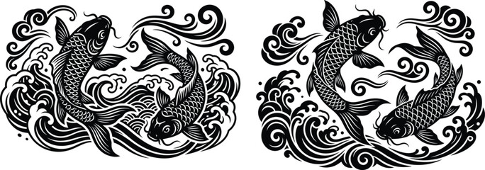 Fototapeta premium Traditional japanese koi fish swimming in flowing water waves with japanese traditional swimming ornamental silhouette