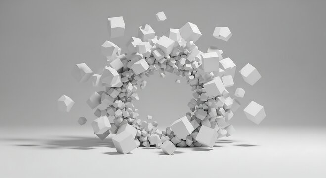 Abstract geometric white cubes exploding or imploding in a dynamic circular formation on a light grey background