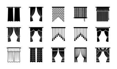 Vector Icons Set: Diverse Window Curtain Styles, Drapery Designs, Blinds, and Valances for Interior Decor and Home Design Projects © Robiul