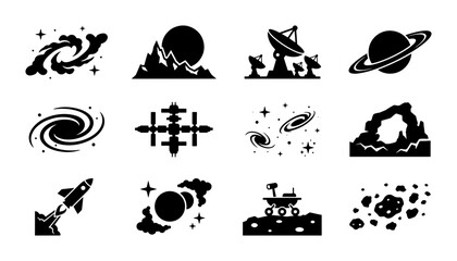 Cosmic Galaxy Icons, Space Exploration Vector Set: Planets, Rockets, Satellites, Nebulae, Asteroids, Mars Rover, Black Silhouette Graphics for Science and Astronomy Projects © Orjit