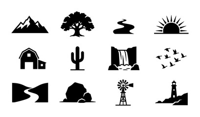 Nature Landscape Icons Set, Rural Countryside Elements, Outdoor Scenery Graphics, 12 Vector Symbols for Design © Orjit