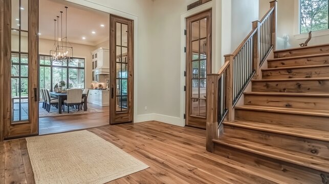 Modern wooden staircase and dining room interior