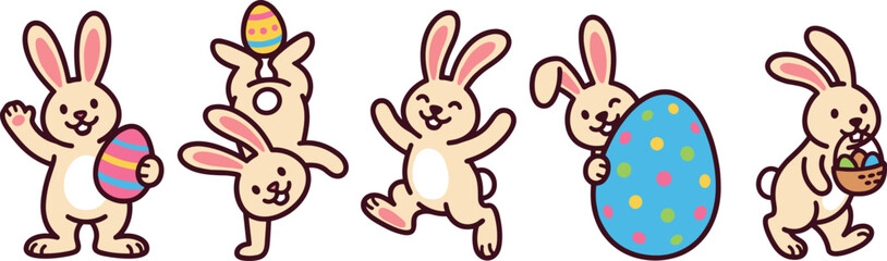 Fototapeta premium Cute Easter Bunny Set with Colorful Eggs and Basket in Playful Poses Waving, Balancing, Jumping, and Hiding for Spring Holiday Designs