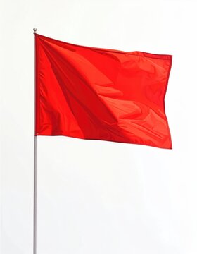 A vibrant red flag flutters proudly on a silver pole against a bright white background