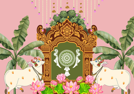 Blush pink background with hanging pearl toran and green foliage, pooja decor and festive Indian wall art
