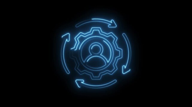 Neon blue glowing human icon within gear mechanism surrounded by circular arrows representing