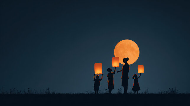 A serene family stands silhouetted, holding glowing lanterns under a large, vibrant full moon during a night festival.