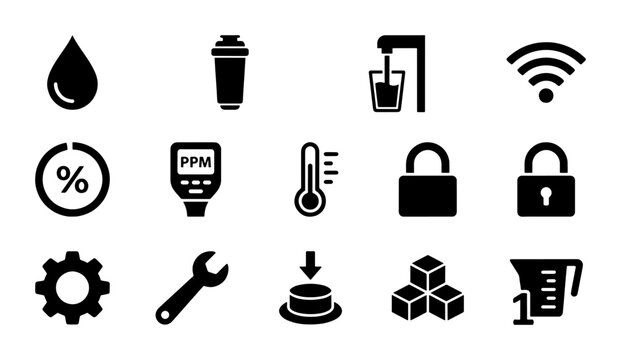 Water Filter Icons Set, Water Quality Testing Equipment, Smart Home Technology Icons, Water Drop, Thermometer, Wifi Signal, Security Lock, Gear, Wrench, Measuring Cup, Vector Graphics