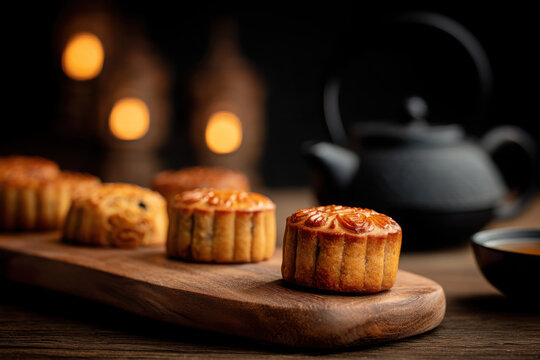 Exquisite traditional Chinese mooncakes are artfully displayed on a rustic wooden board, accompanied by a teapot and warm bokeh lights.