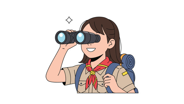 Smiling girl scout with a backpack looking through black binoculars isolated on white background vector.