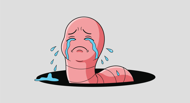 Sad little pink worm crying with big blue tears while coming out of a black circular hole in the ground.