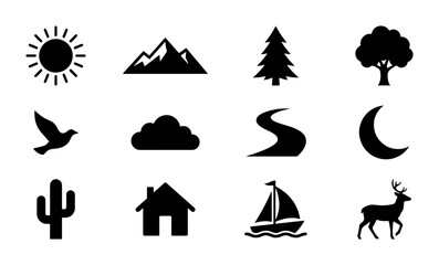 Fototapeta premium Nature Icons Set: Sun, Mountains, Trees, Bird, Cloud, River, Moon, Cactus, House, Sailboat, Deer, 12 Vector Elements for Outdoor and Landscape Design