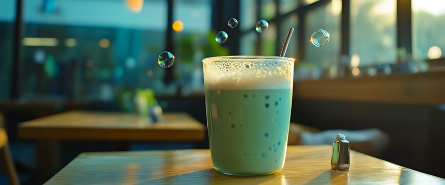 A glass of green beverage with milk foam on top on a table with soap bubbles floating in the air.