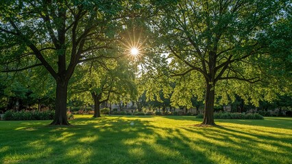 Obraz premium Sunlight shining through trees in a park with lush green grass and leaves, creating a peaceful and natural scene.