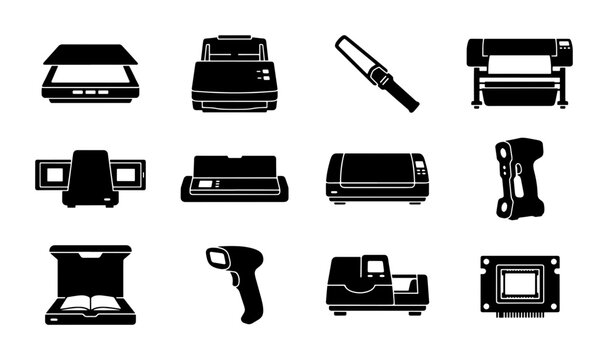 Office Equipment Icons, Technology Gadgets, Digital Devices Set, Business Technology Vector Graphics