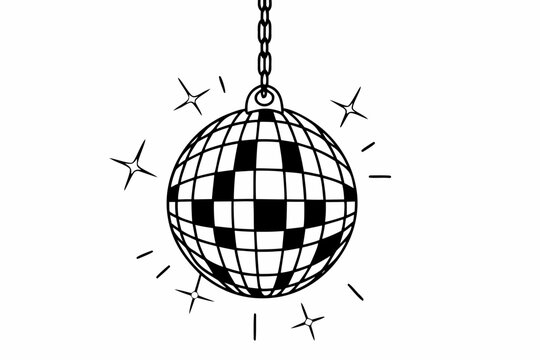 Mirrored disco ball with hanging chain. Reflective party decoration for celebrations and events.