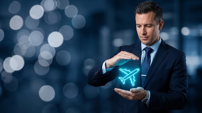 Travel insurance concept with businessman protecting glowing airplane icon, aviation safety and flight security, corporate travel protection services