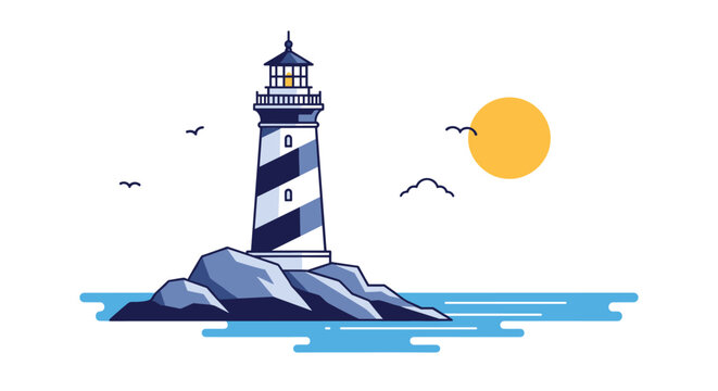 Flat design illustration of a classic blue and white lighthouse standing on rocks in the middle of a calm sea during a sunny day.