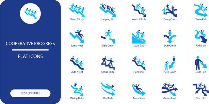 Cooperative progress flat icons set depicting forward movement and advancement with individuals climbing helping and moving together blue simple modern design elements.