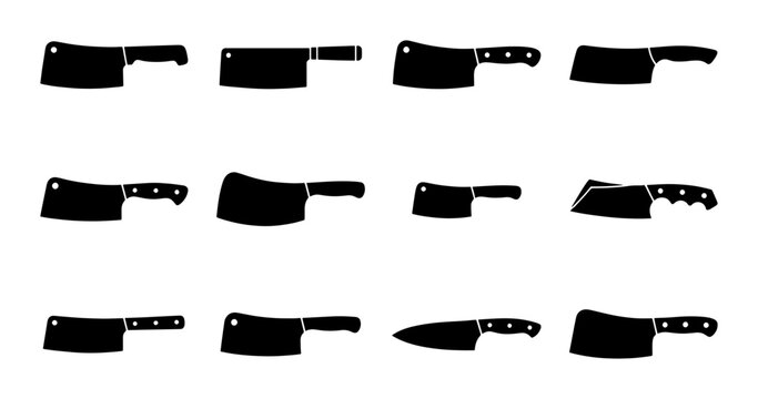 Butcher Cleaver Knife Collection, 12 Black Silhouette Icons Set, Meat Cutting Tools, Kitchen Utensils, Professional Chef Equipment