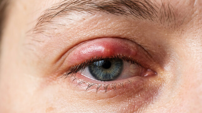 Swollen eyelid and redness around eye, close-up swelling