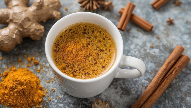 A cup of tea with cinnamon sticks and turmeric powder on a textured surface.
