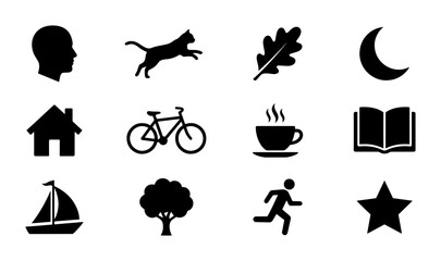 Fototapeta premium Vector Icon Set: Silhouette Symbols for Lifestyle, Nature, and Activities, Black and White Graphic Elements