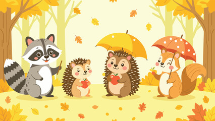 Naklejka premium Friendly forest animals including a raccoon squirrel and hedgehogs holding umbrellas in a warm golden autumn wood.