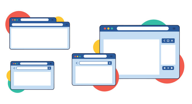 Clean mockup illustration of multiple blank web browser windows in different sizes for user interface design.