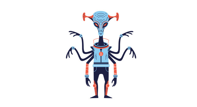 Comic alien creature from outer space with blue skin, big head, and four arms shown in a flat vector design on white background.