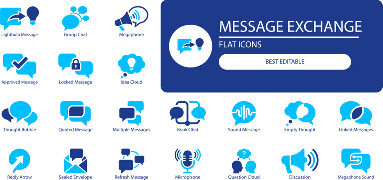 Message exchange flat icons lightbulb message group chat megaphone approved message locked message idea cloud thought bubble quoted message multiple messages book chat.