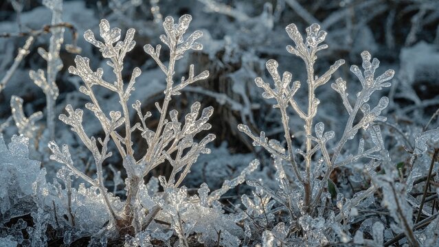 Frozen plant stems covered with ice crystals during winter. Nature and winter scene. The concept of cold weather and frost.