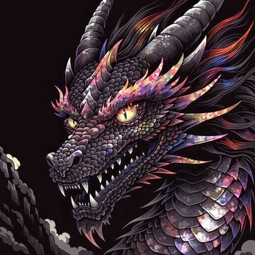 Fierce black dragon with glowing eyes and sharp horns, dark fantasy creature illustration for game art, book cover, mythology poster, tattoo design, epic monster wallpaper