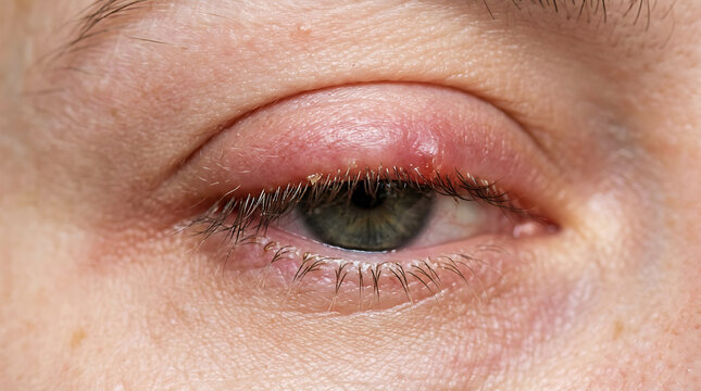 Close-up of human eye with swollen, red upper eyelid swelling