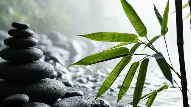 Smooth black basalt stones stacked beside bamboo leaves with gentle flowing water background, subtle water ripples, soft morning fog, tranquil spa atmosphere, minimalist composition