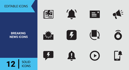 Fototapeta premium Breaking news icons showing live broadcast press release media announcements bulletin solid icon set