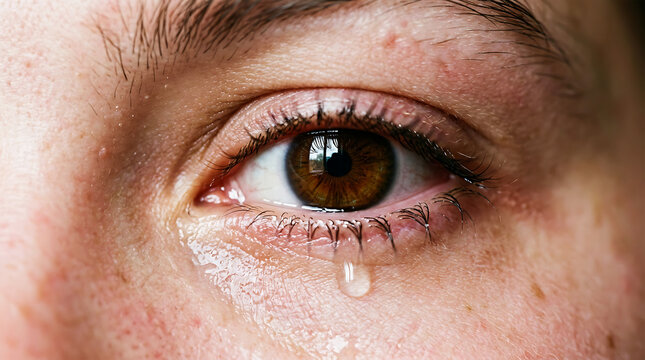 Close-up of human eye with teardrop and mascara on lashes