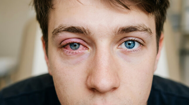 Close-up of male eyes with red conjunctiva inflammation face