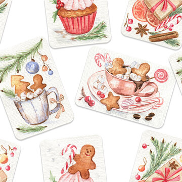 Christmas pattern of cute watercolor greeting cards. Creative and cozy design for wrapping paper, wallpapers, festive fabric. Hand drawn Christmas illustrations on vintage watercolor paper cards