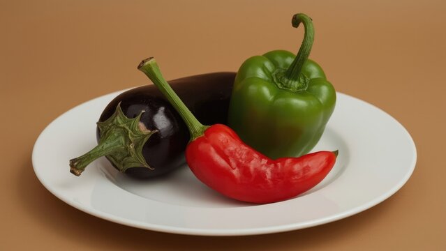 Fresh vegetables including an eggplant, a green bell pepper, and a red chili pepper on a white plate.