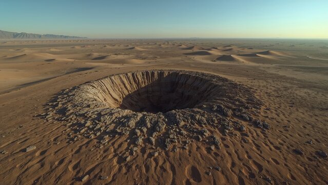 Empty crater in a desert landscape. Natural geological formation. Arid environment. The concept of erosion and volcanic activity.