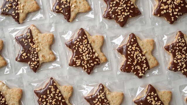 Assorted star-shaped cookies partially dipped in chocolate and topped with chopped nuts arranged on a transparent sheet.