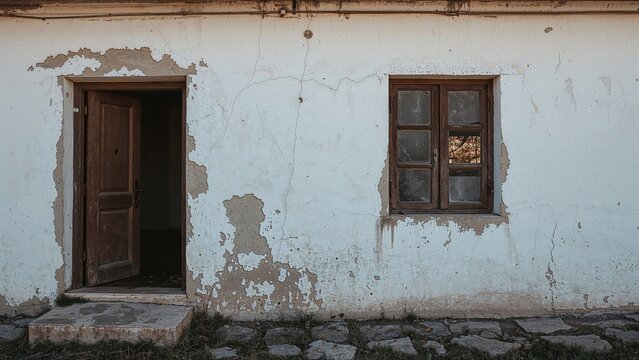 Worn-out house with a partially open door and a window, showing signs of aging and deterioration.