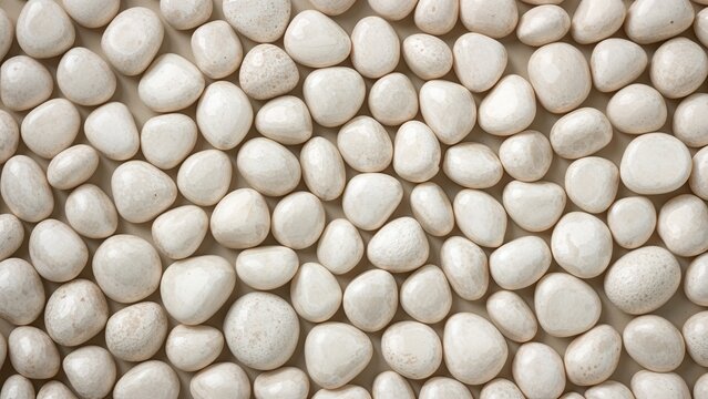 A collection of smooth, round, white stones or pebbles arranged closely together.